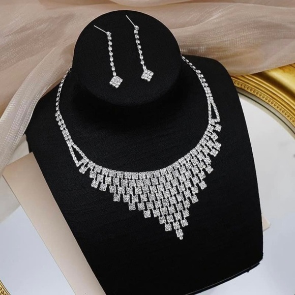 Bridal Wedding Jewelry Set Rhinestone Bridesmaid Party Choker Necklace Earrings - Picture 3 of 4